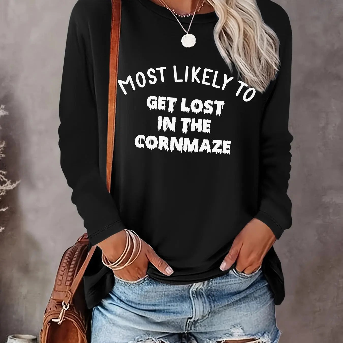 Women's Letter Print Tee, Casual Long Sleeve Crew Neck T-shirt for Spring & Fall, Women's Top for Daily Wear
