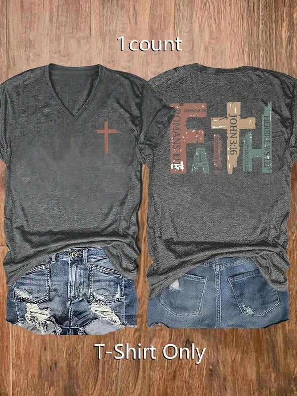 Women's Letter Print V Neck Tee, Casual Short Sleeve T-shirt for Summer, Ladies Clothes for Daily Wear, Top