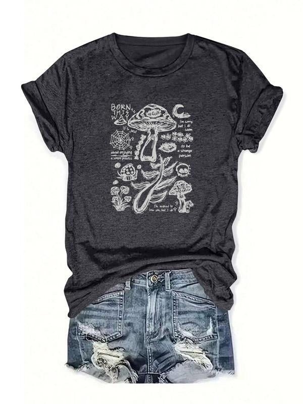Women's Mushroom & Spider Web Print Round Neck Tee, Vintage Trendy Casual Letter Graphic Short Sleeve T-shirt for Daily Wear, Ladies All Seasons Outfit, Top
