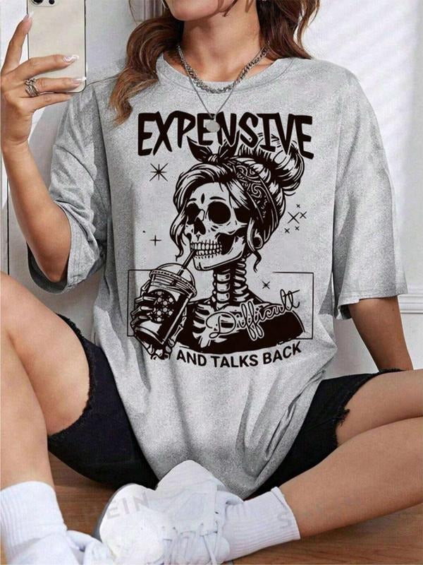 Women's Skull & Letter Print Drop Shoulder Tee, Casual Half Sleeve Round Neck T-shirt for Summer, Women's Top for Daily Wear