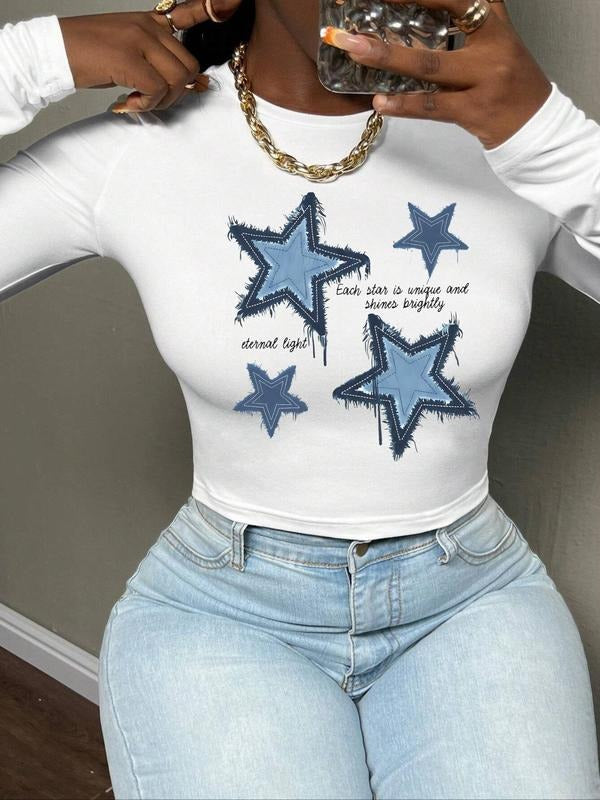 Women's Star & Letter Print Round Neck Crop Tee, Fashion Casual Crew Neck T-shirt for Daily Holiday Vacation Outdoor Wear, Ladies Clothes for All Seasons