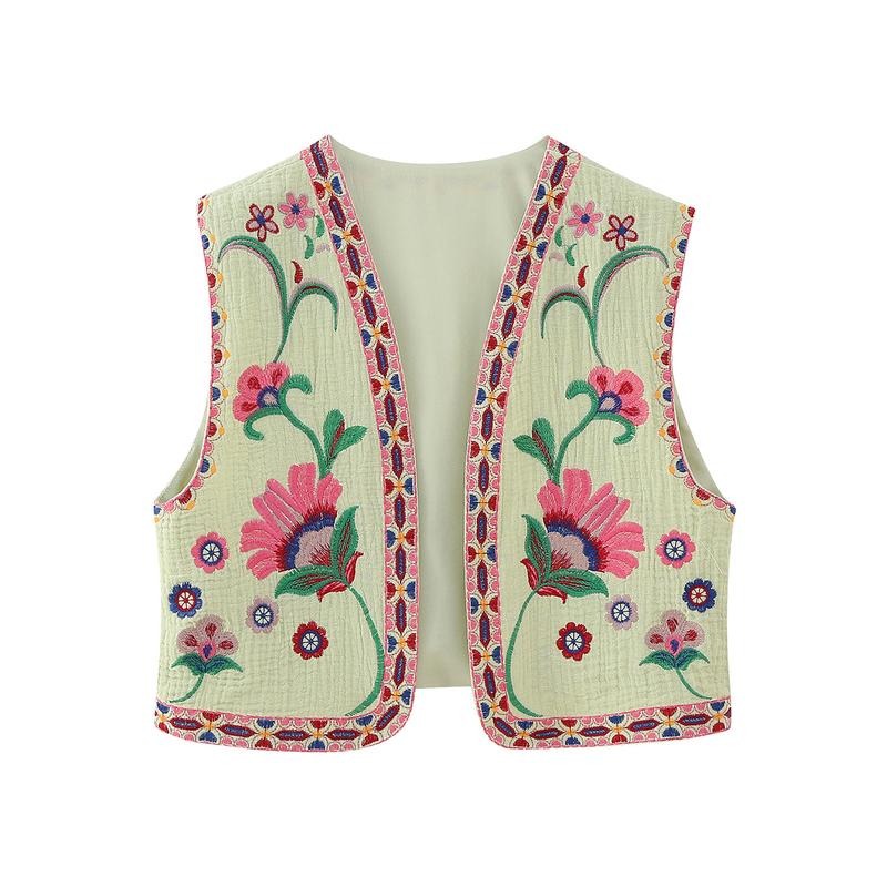 Women's Vintage Floral Embroidered Vest Y2K Linen Sleeveless Cardigan Cropped Tops Lightweight Crochet Open Front Outwear Gilet Casual Street
