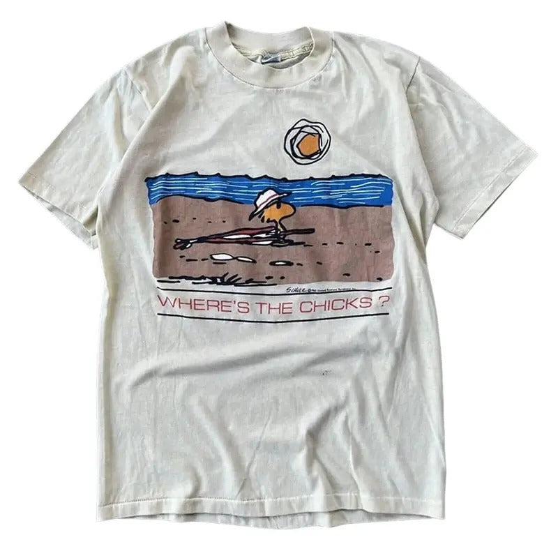 Woodstock Peanuts Schulz T-Shirt, Wheres The Chicks Single Stitch T-shirt, Vintage 90s style top clothing, Unisex graphic Streetwear shirts