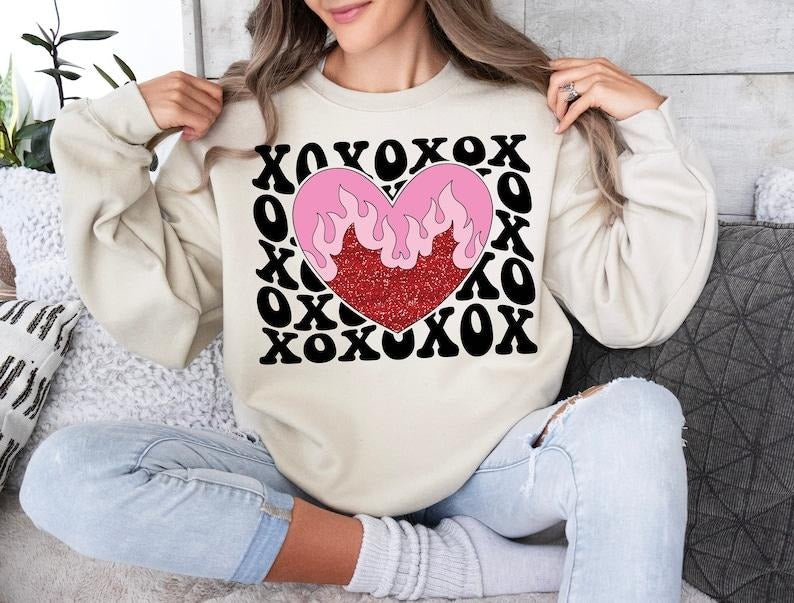 XOXO Retro Valentine Love Sweatshirt Groovy Valentine Heart , Valentines Day