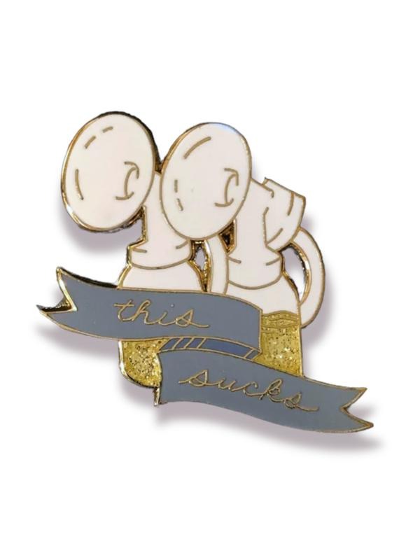 This Sucks, mother pumping breastmilk/breastfeeding enamel pin. Copper or gold.
