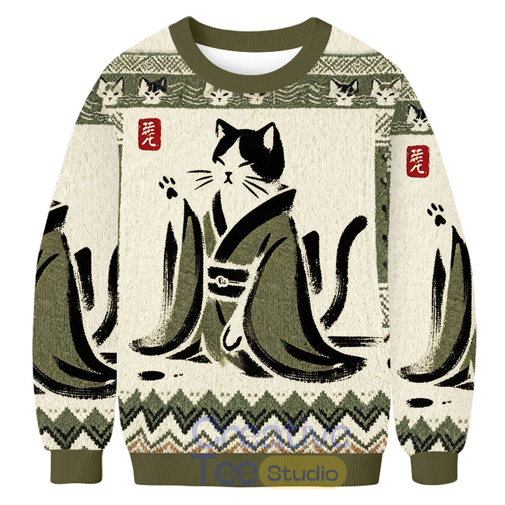Japanese Black Cat Ugly Christmas Sweater
