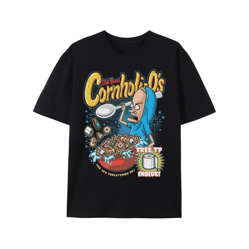 [100% Cotton] BEAVIS CORNHOLO BLACK T-SHIRT CORNHOLIOS CEREAL