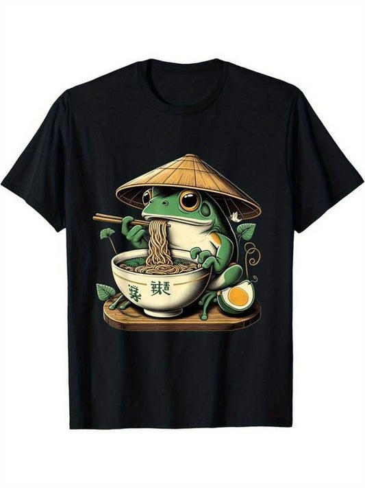 [100% Cotton] Black Cotton Kawaii Frog Eating Ramen Cute Neko Japanese Noodles Anime Lovers Graphic T-Shirt for Men