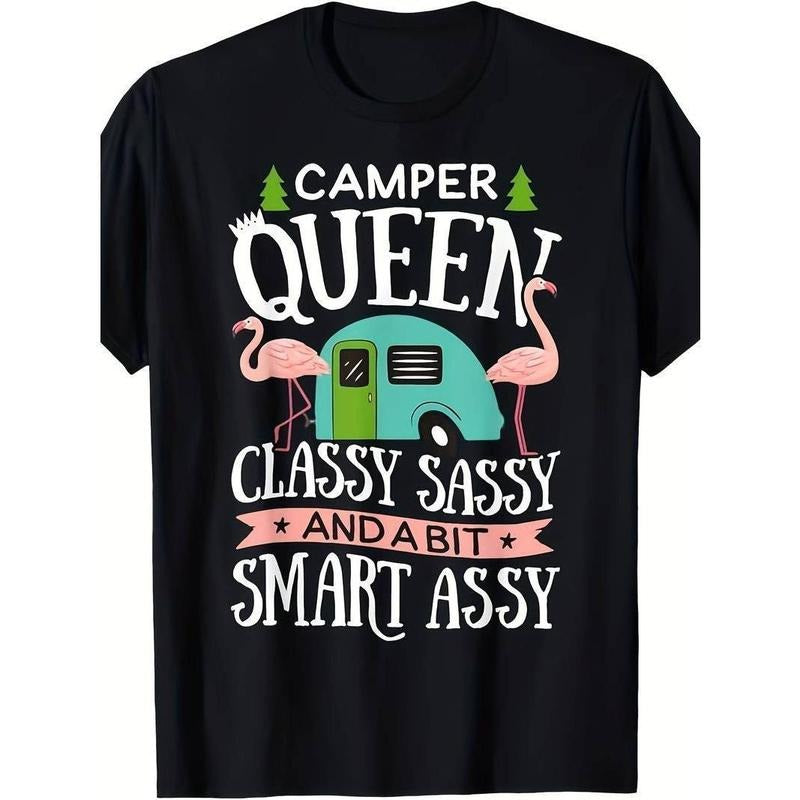 [100% Cotton] Camper Queen Classy Sassy Smart Funny Women Girls Camping RV T-Shirt