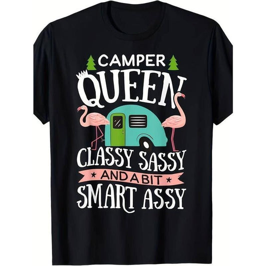 [100% Cotton] Camper Queen Classy Sassy Smart Funny Women Girls Camping RV T-Shirt