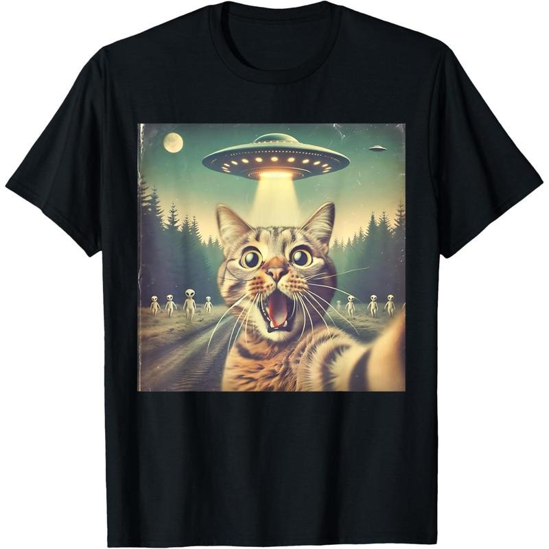[100% Cotton] Cat UFO Selfie Art Funny Cat Alien T-Shirt