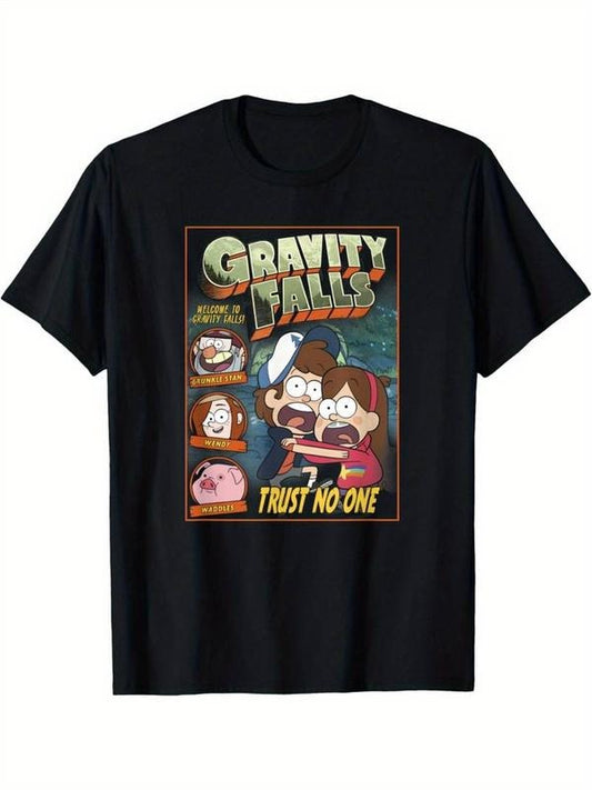 [100% Cotton] Gravity Falls Black Cotton 'Trust No One' Dipper & Mabel T-Shirt for Men - Cartoon Enthusiasts Tee