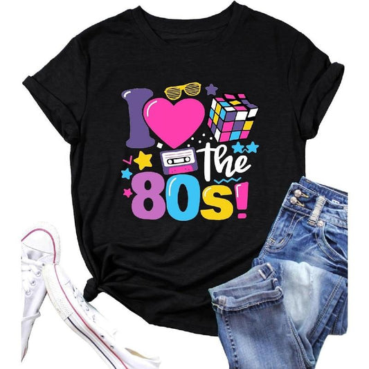 [100% Cotton] I Love The 80's Shirt for Women Vintage 80s Music Graphic Tshirt 80's Party Short Sleeve Blouse Tops