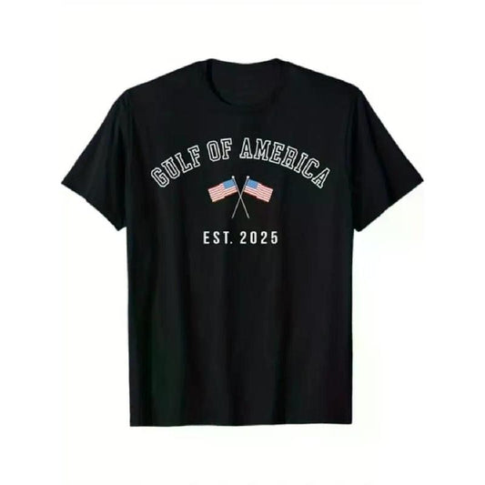 [100% Cotton] Men's Vintage-Style Gulf of America T-Shirt - Black Cotton Knit with Flag Design, Round Neck, Short Sleeve, All-Season Casual Wear