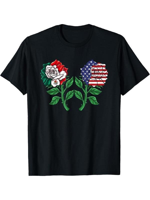 [100% Cotton] Mexico Tshirt US Flag Mexican Flag American Flag Rose T-Shirt