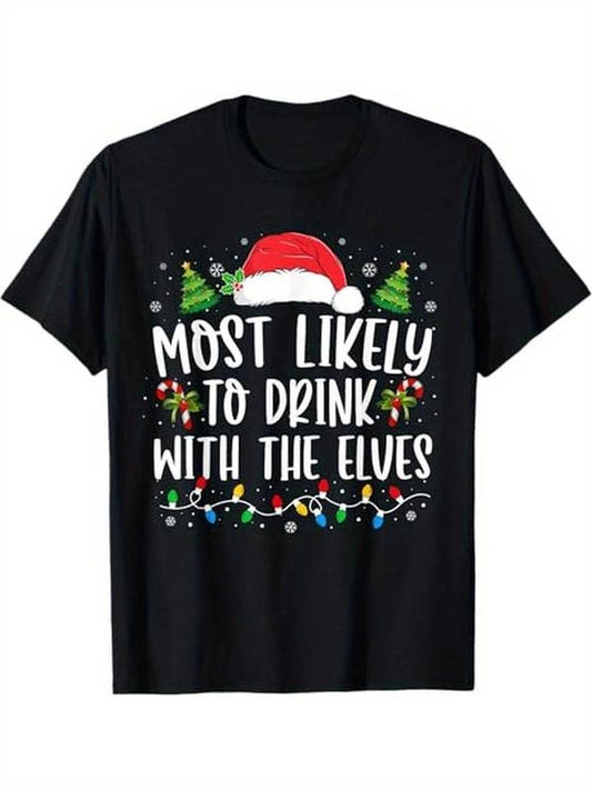 [100% Cotton] Most Likely to Drink With The Elves Elf Drinking Christmas Men Women T-Shirtstyle{n002}2