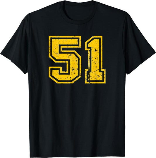 [100% Cotton] Number #51 Sports Jersey Uniform Fan Athlete Yellow Vintage T-Shirt