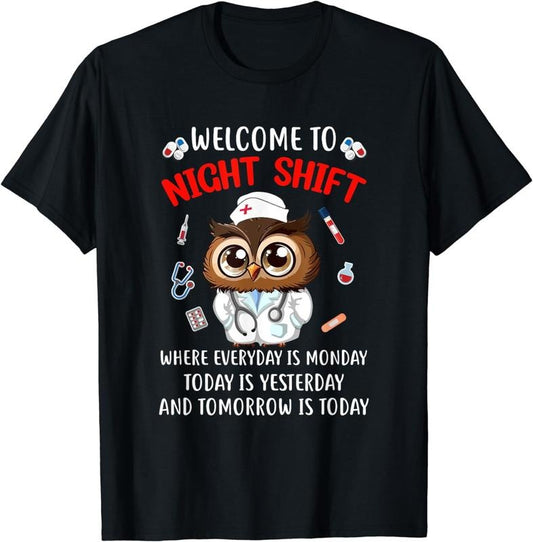 [100% Cotton] Owl Night Shift Funny Nurse Nursing Rn Lpn Cna For Men Women T-Shirt