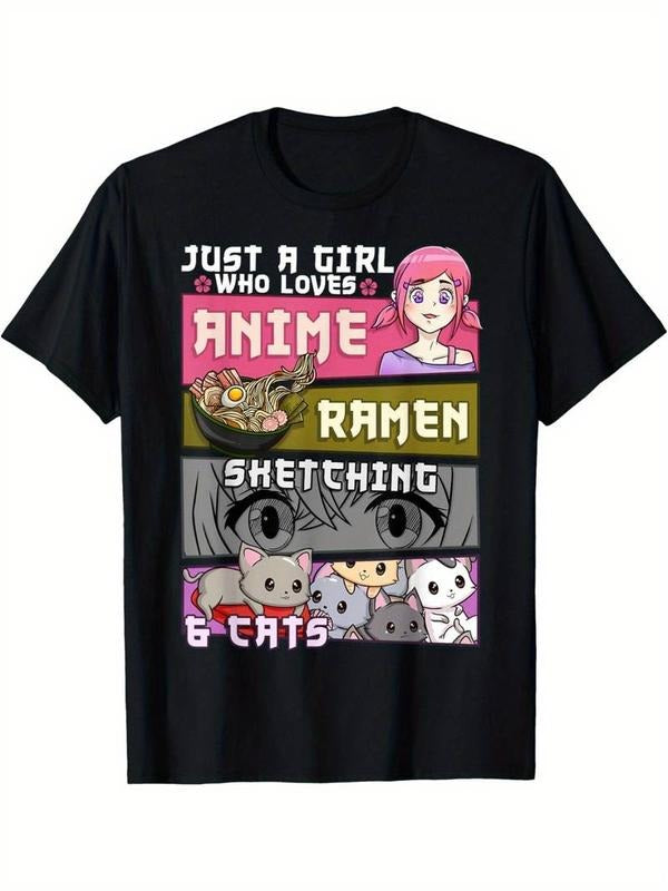 [100% Cotton] Ramen Cat Anime Sketch Graphic Tee - Unique Cartoon Design, Soft Black Men's T-Shirt for Anime Enthusiasts