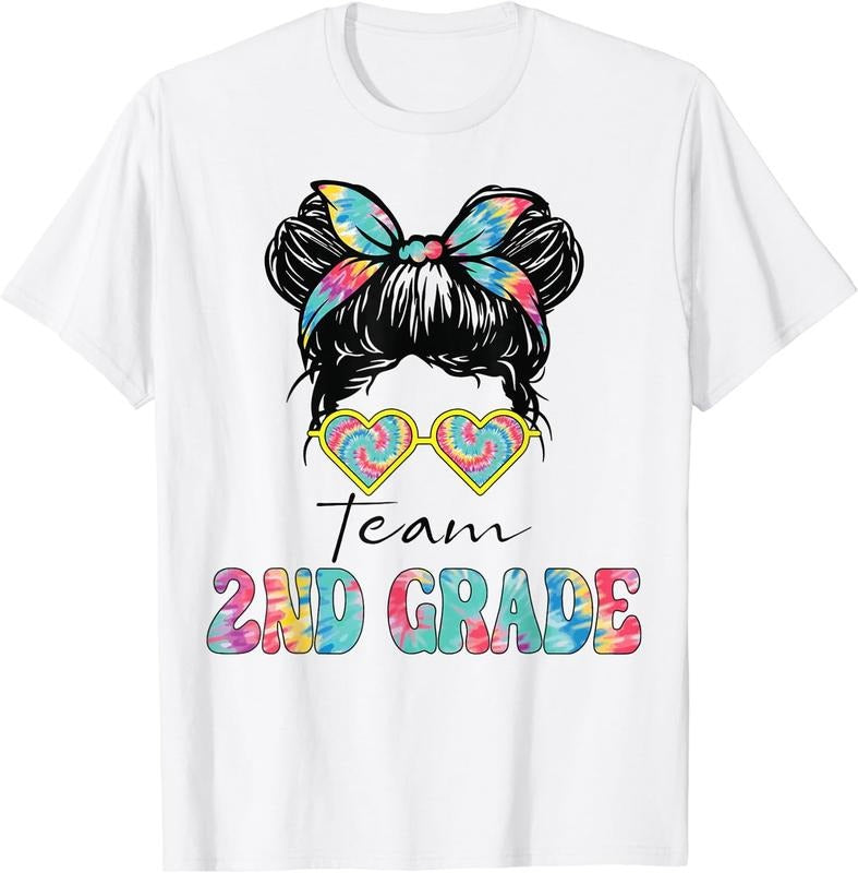 [100% Cotton] Team Second 2nd Grade Girl Messy Bun Back To School Funny T-Shirt