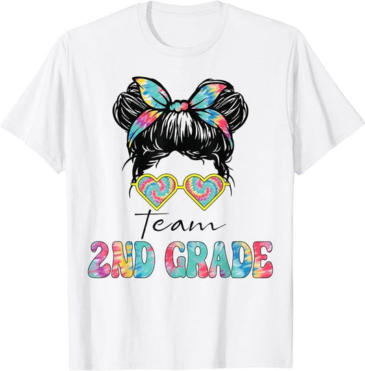 [100% Cotton] Team Second 2nd Grade Girl Messy Bun Back To School Funny T-Shirt