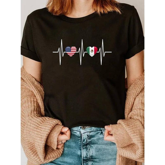 [100% Cotton] USA Mexico Shirt Heartbeat America Mexican Flag Heart T-Shirt Casual Short Sleeve Shirt