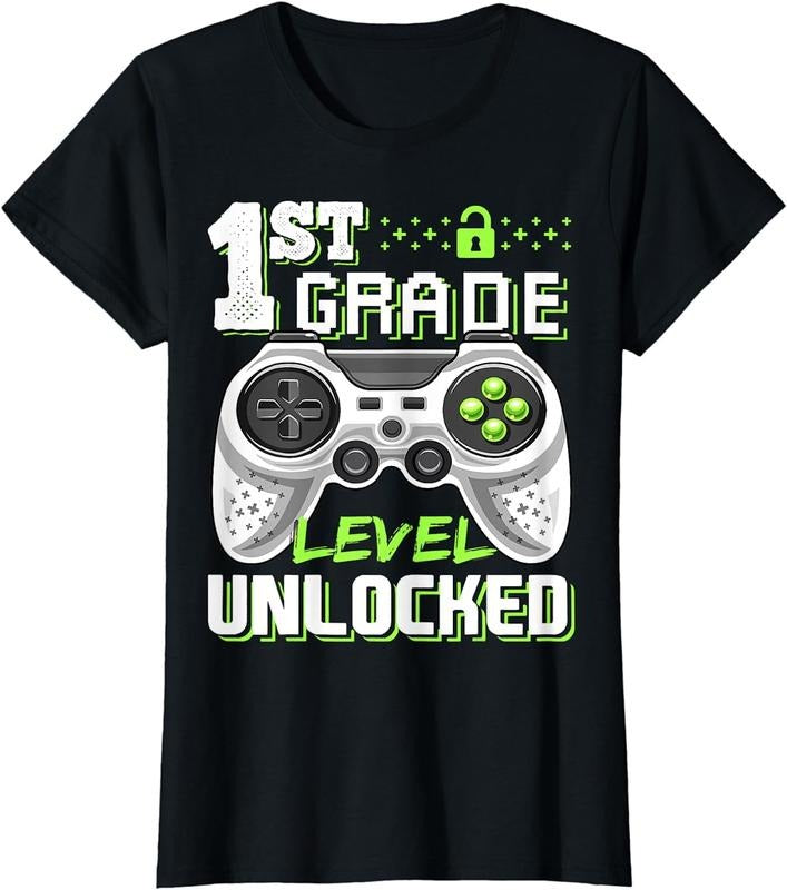 [100% Cotton]1st Grade Level Unlocked Video Game Back to School Boys T-Shirt