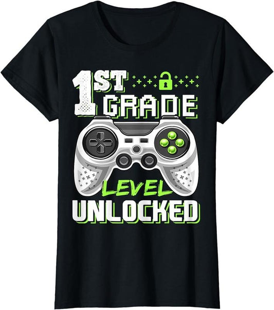 [100% Cotton]1st Grade Level Unlocked Video Game Back to School Boys T-Shirt