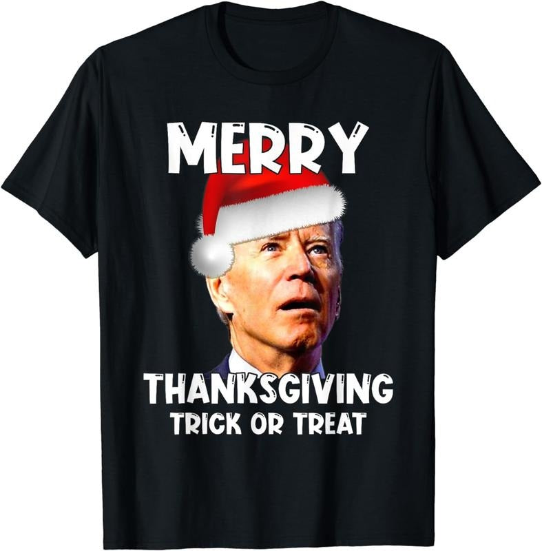 [100% Cotton]Funny Joe Biden Santa Hat Merry Thanksgiving Christmas Breathable casual T-shirt