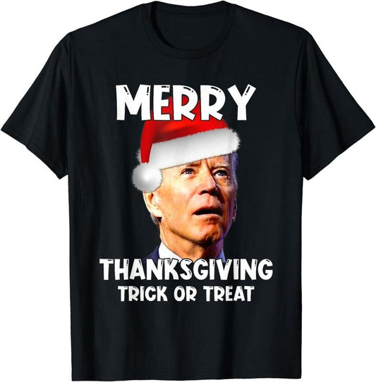 [100% Cotton]Funny Joe Biden Santa Hat Merry Thanksgiving Christmas Breathable casual T-shirt