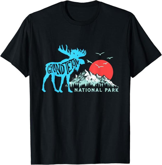 [100% Cotton]Grand Teton National Park Moose & Mountains Typography T-Shirt