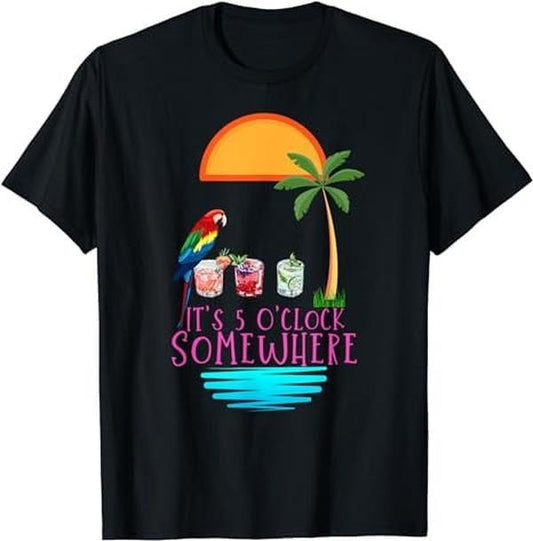 [100% Cotton]It's 5 O'clock Somewhere Parrot cocktail Lover Hello Summer T-Shirt