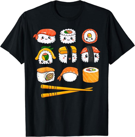 [100% Cotton]Kawaii Graphic Japanese Food Anime Manga Otaku Happy Sushi T-Shirt