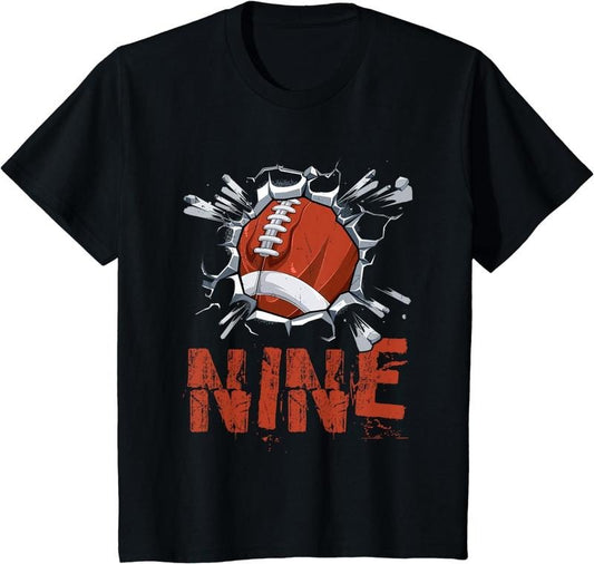 [100% Cotton]Kids Funny Nine Years Old Football Player 9th Birthday Party Boys T-Shirt