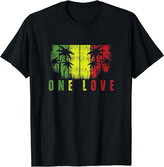 [100% Cotton]One Love Palm Tree Reggae Music Rasta T-Shirt