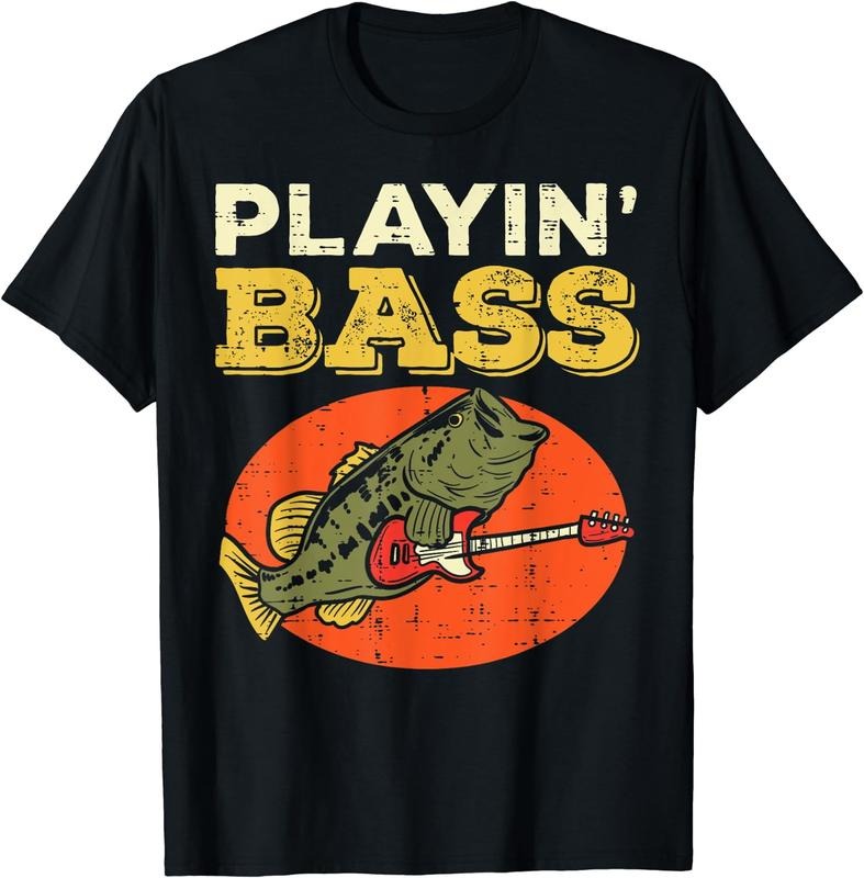 [100% Cotton]Playin Bass Fish Guitar Cool Fishing Bassist Player Musician T-Shirt Black