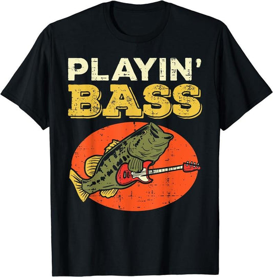 [100% Cotton]Playin Bass Fish Guitar Cool Fishing Bassist Player Musician T-Shirt Black