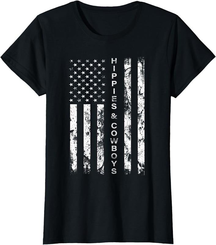 [100% Cotton]Raisin Hell With The Hippies And Cowboys - American Flag T-Shirt