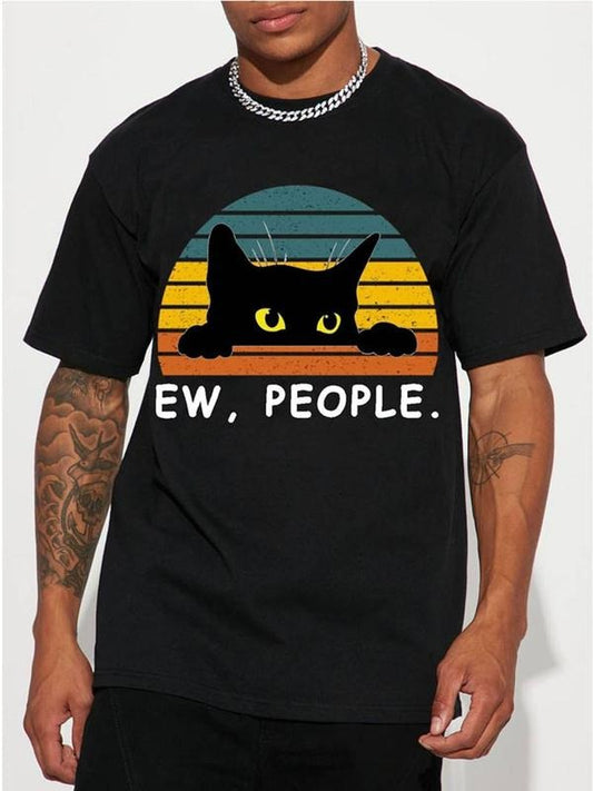 [100% Cotton]Stylish Black Cat Graphic Tee - Men's Casual Short Sleeve Crew Neck T-Shirts for Summer Holiday Gift - Hip Hop Fashion, Comfortable, Breathable, Relaxed Fit