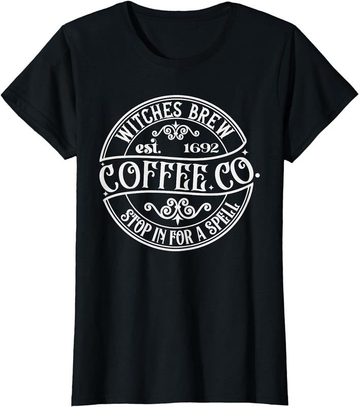 [100% Cotton]Trendy Halloween Tee Witches Brew Coffee Stop in for a Spell T-Shirt