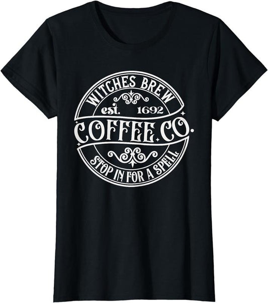 [100% Cotton]Trendy Halloween Tee Witches Brew Coffee Stop in for a Spell T-Shirt