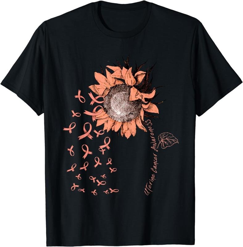 [100% Cotton]UTERINE CANCER Awareness Sunflower Peach Ribbon T-Shirt
