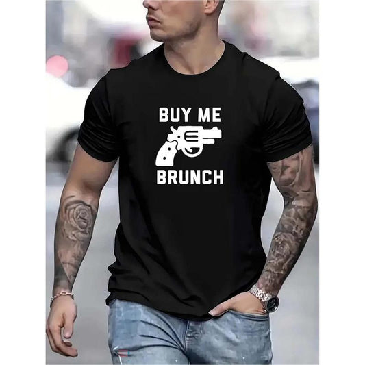100% cotton T-shirt, get me Brunch and Revolver Graphic Print casual crew neck Short sleeve men's, quick drying comfortable casual summer T-shirt, perfect for everyday wear exercise and resort Made in USA