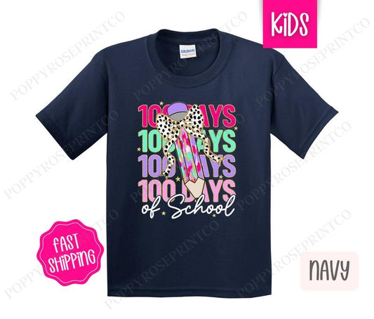100 Days of School Kids Shirt - School Bow Children's Tshirt - Cute Youth Tee Gildan