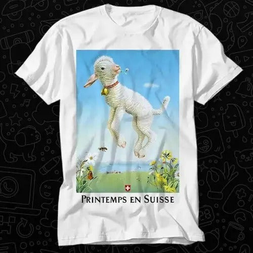 1945 Spring In Switzerland Sheep Travel Poster T Shirt Best Seller Gift Unisex Top Adult Tee Music Movie Made in USA