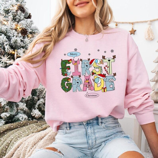 1st Grade Teacher Christmas Sweatshirt, Elephant And Piggie Christmas T-shirt, Santa's Favorite Teacher Shirt, First Grade Christmas Hoodie