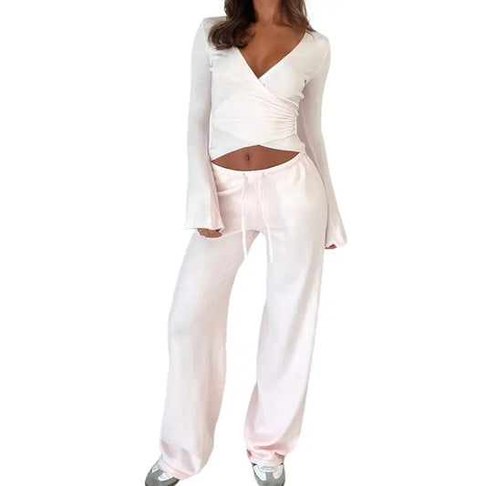 2 Piece Lounge Set Pilates Wrap Top+ Flare Pants Yoga Wrap Tops Ballet Workout Outfits Downtown Girl Clothes