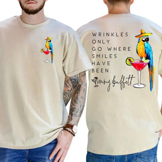 2-Sided Jimmy. B Flamingo Shirt – "Wrinkles Only Go Where Smiles Have Been" Palm Tree Memorial Tee