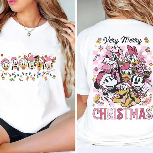 2-Sided Mouse Christmas Pink Lights Sweatshirt Tshirt, Cute Friends Xmas Shirt, Very Merry Christmas Shirt