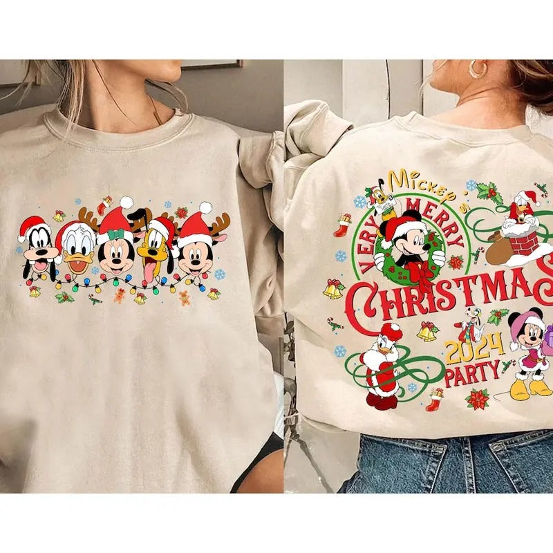 2-Sided Very Merry Christmas Party 2024 Sweatshirt Tshirt, Santa Mouse And Friends Group Christmas Lights Shirt